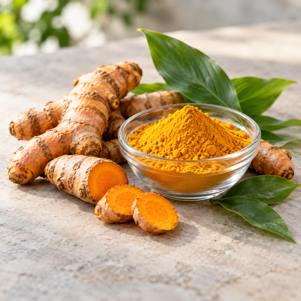 Raiz de cúrcuma, cúrcuma em pó e folhas verdes