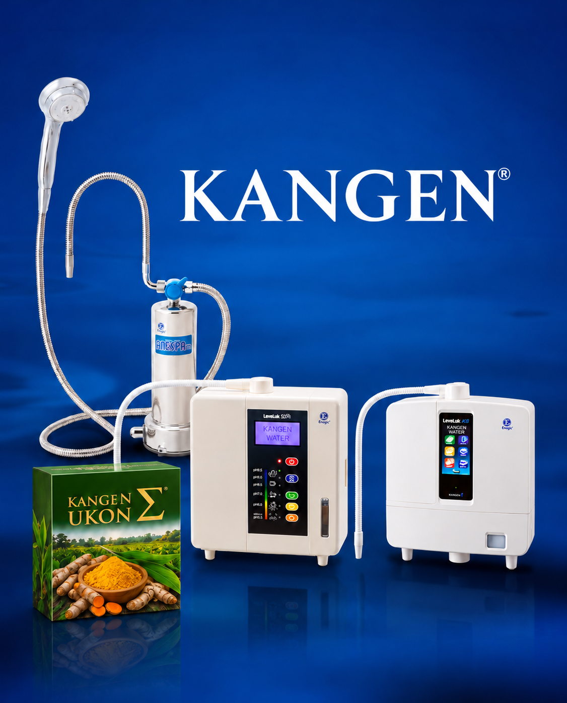 Ionizadores Kangen K8 e SD501, sistema de banho Anespa DX e suplemento Kangen Ukon Sigma